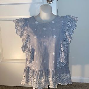New York & Co striped eyelet ruffle blouse medium